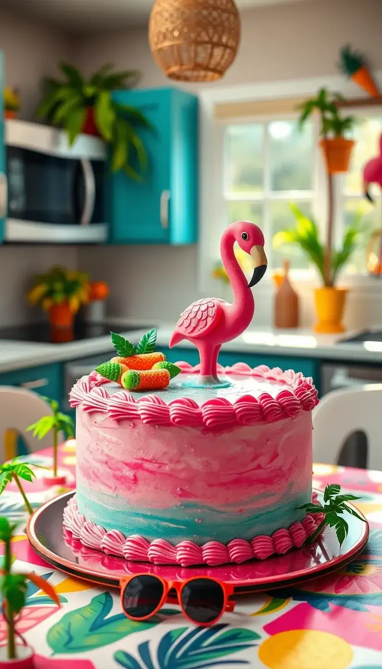 flamingo pool party cake