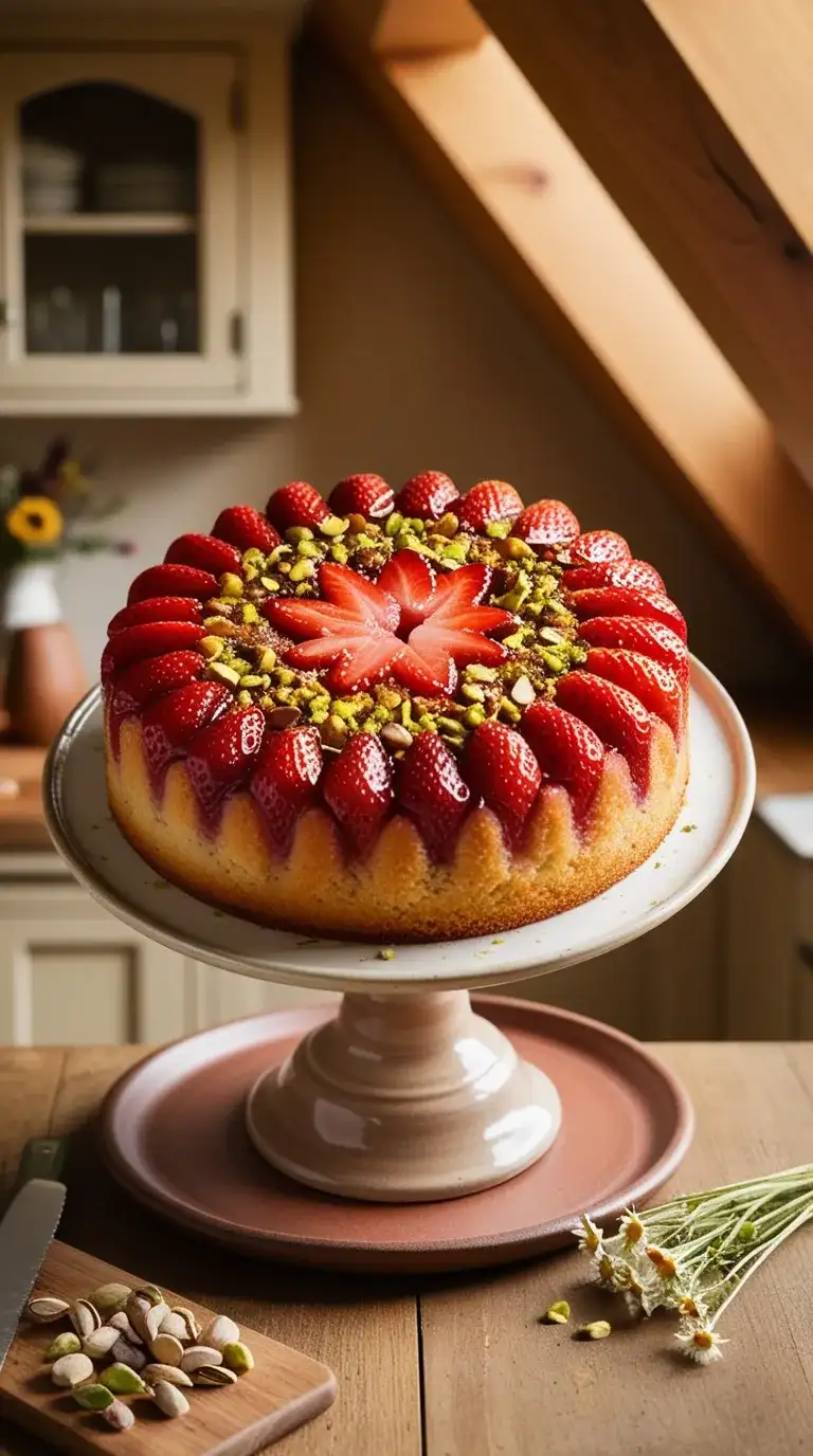 strawberry pistachio upside-down cake