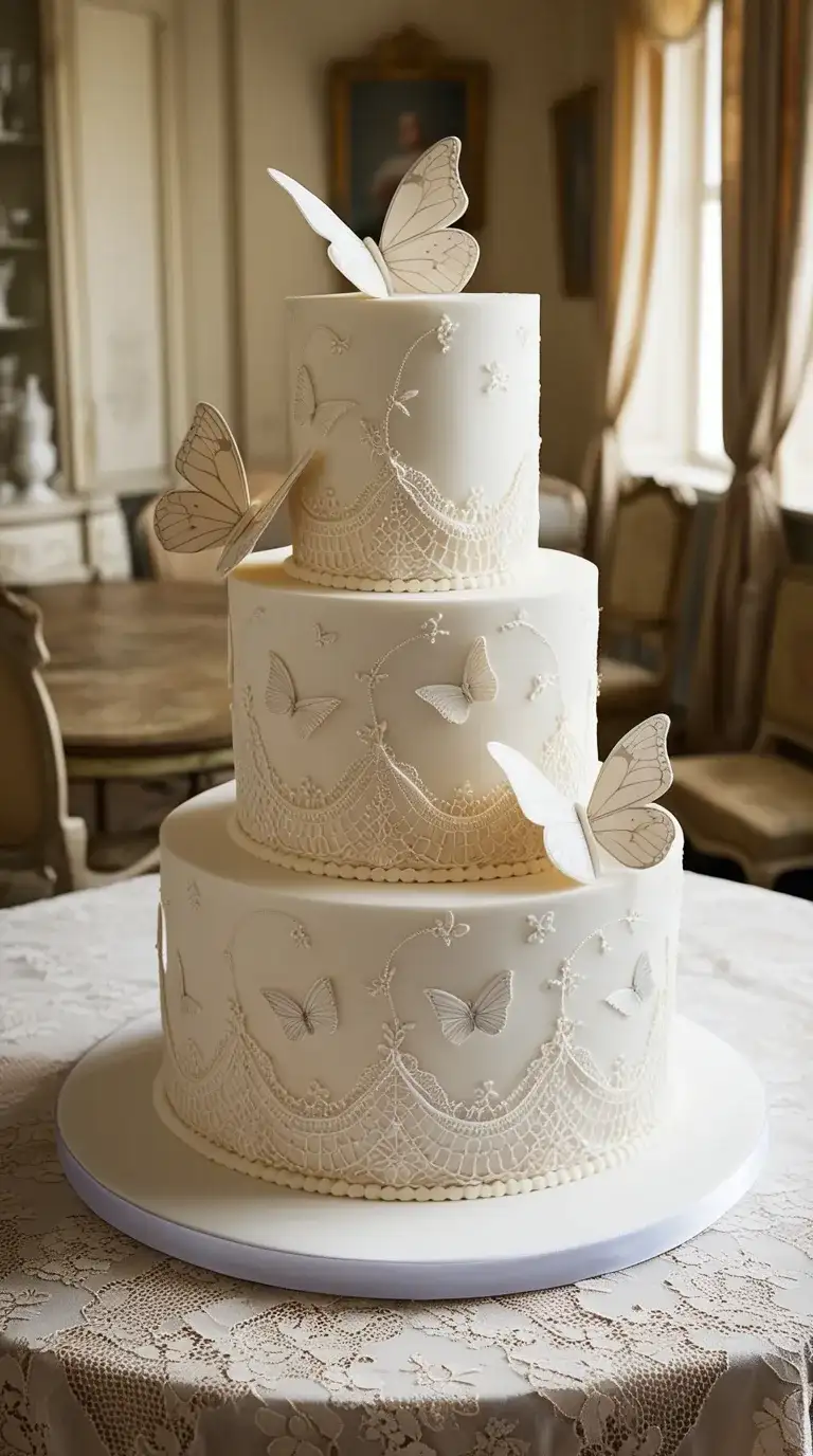 vintage lace and butterfly cake