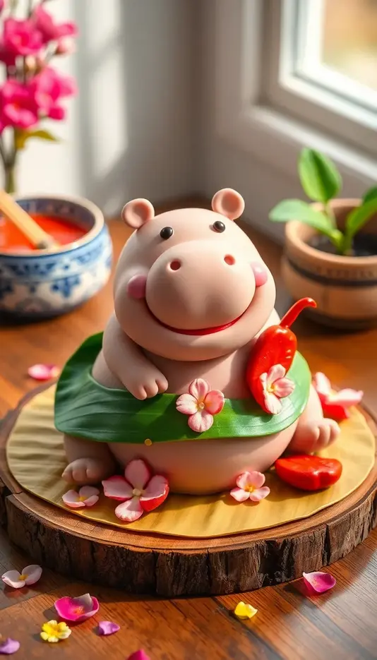 Playful Moo Deng and Thai Street Food Cake