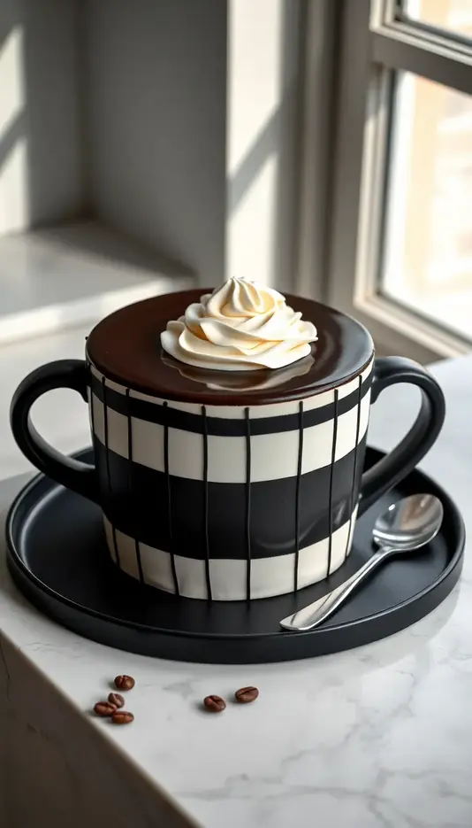 Chic Black and White Coffee Cup Cake Design