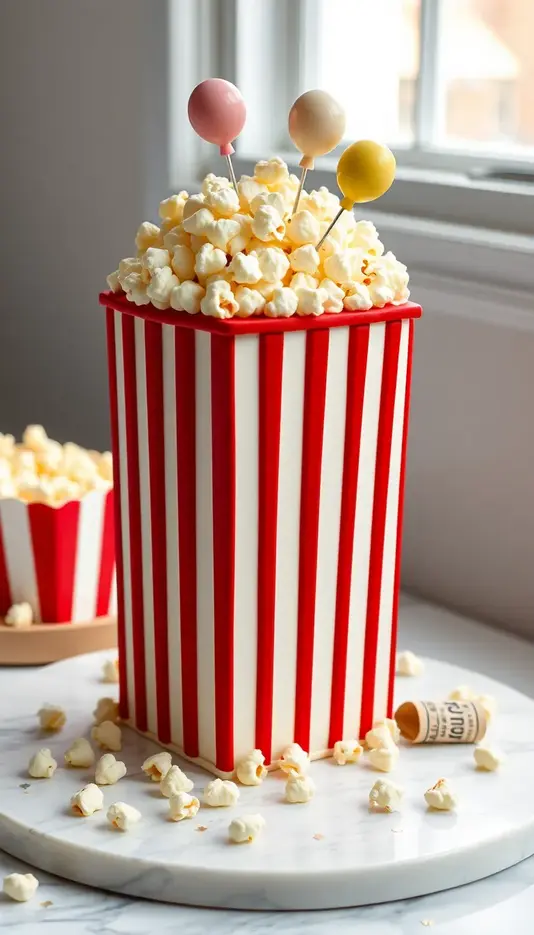 Popcorn Box Cake with Popcorn and Balloon Topper