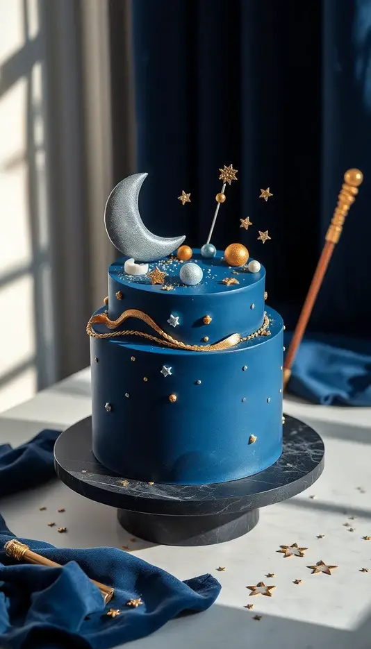 Mystical Moon and Wand Cake with Night Sky Design