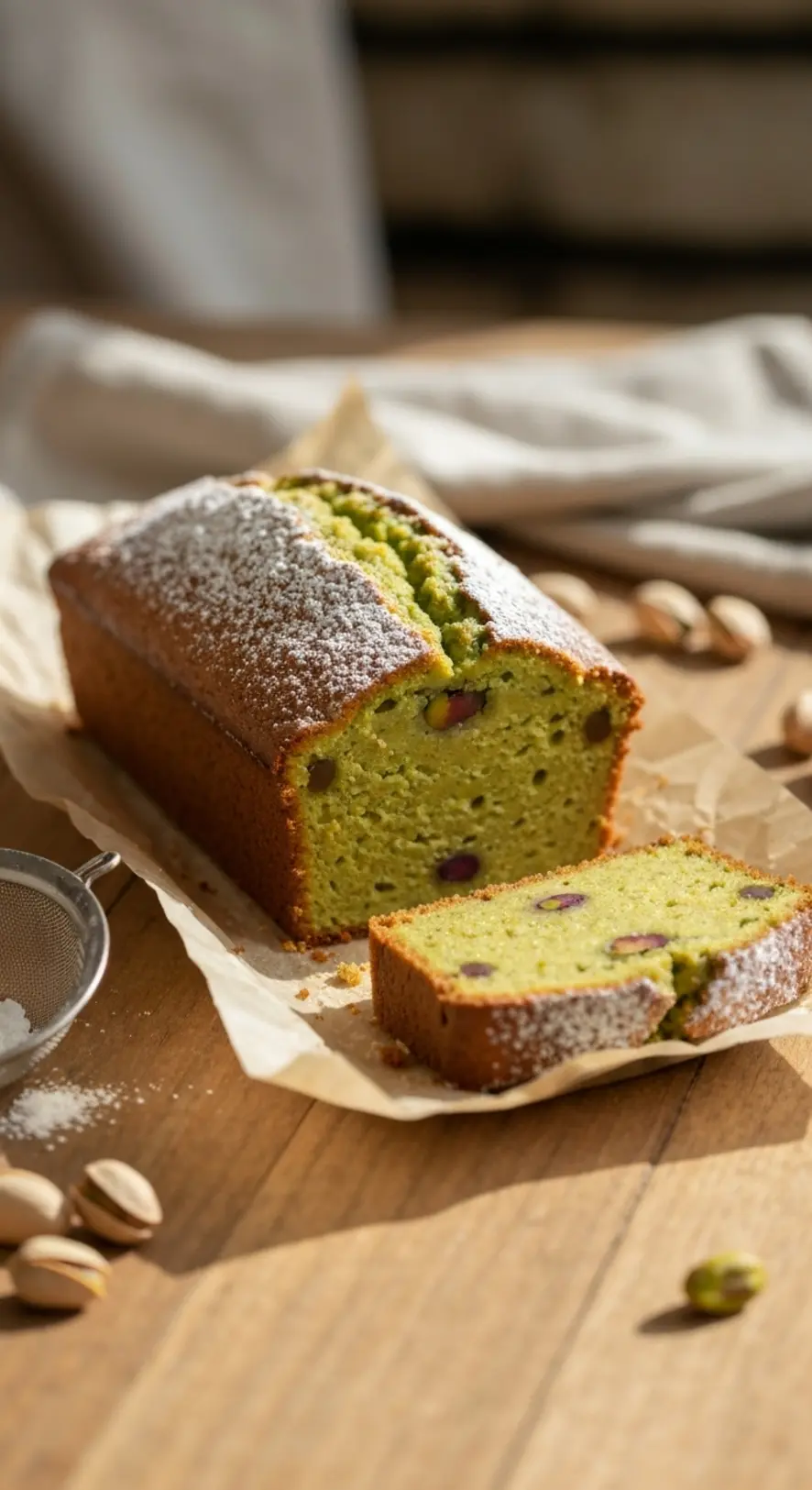 Pistachio Loaf Cake with Dusting of Powdered Sugar