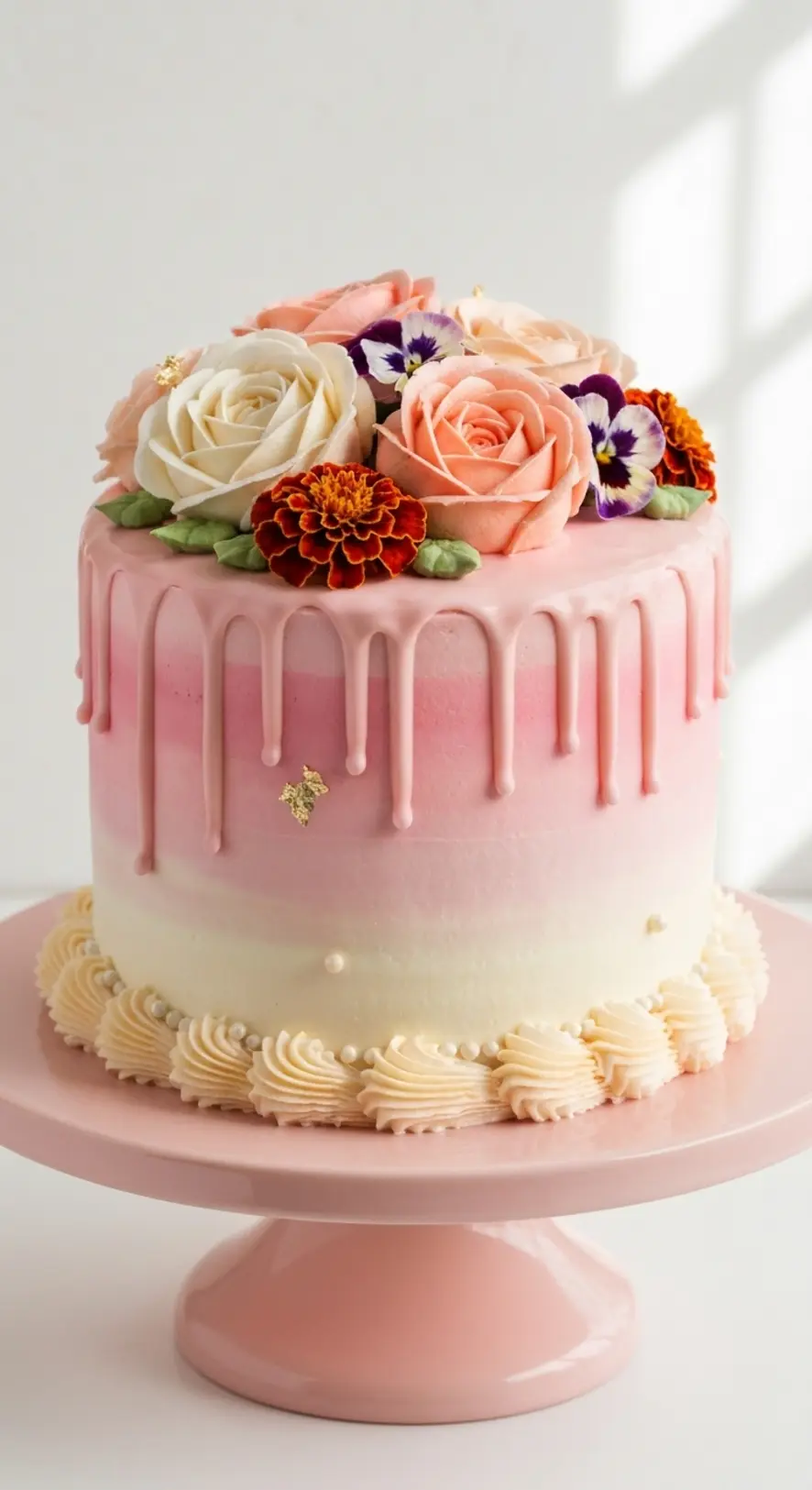 Blush Pink Floral Drip Cake
