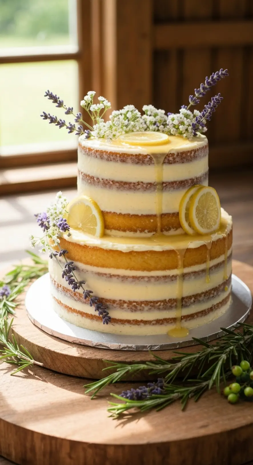 Two-Tier Lemon Drip Cake with Lavender Sprigs