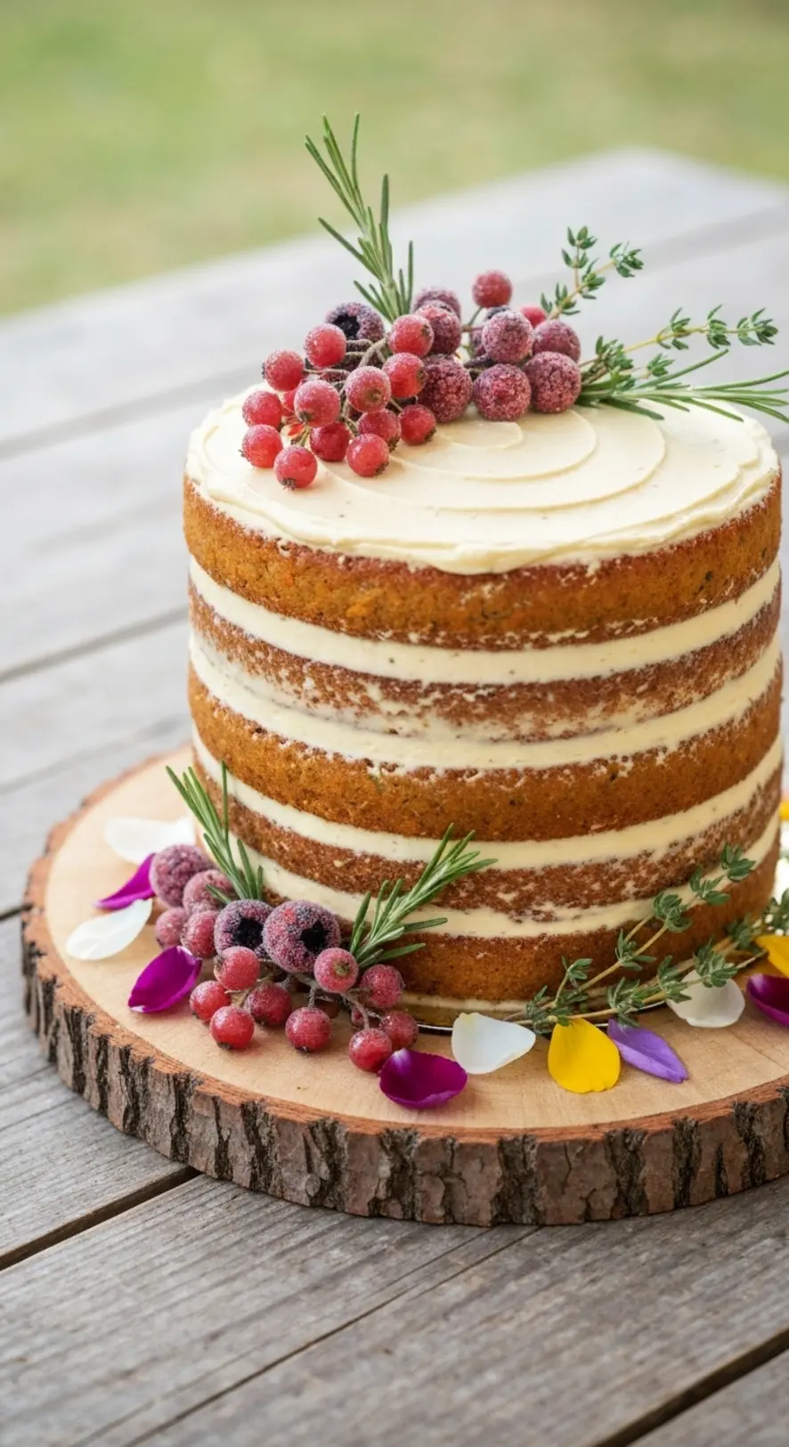 Carrot Cake with Sugared Berries and Greenery