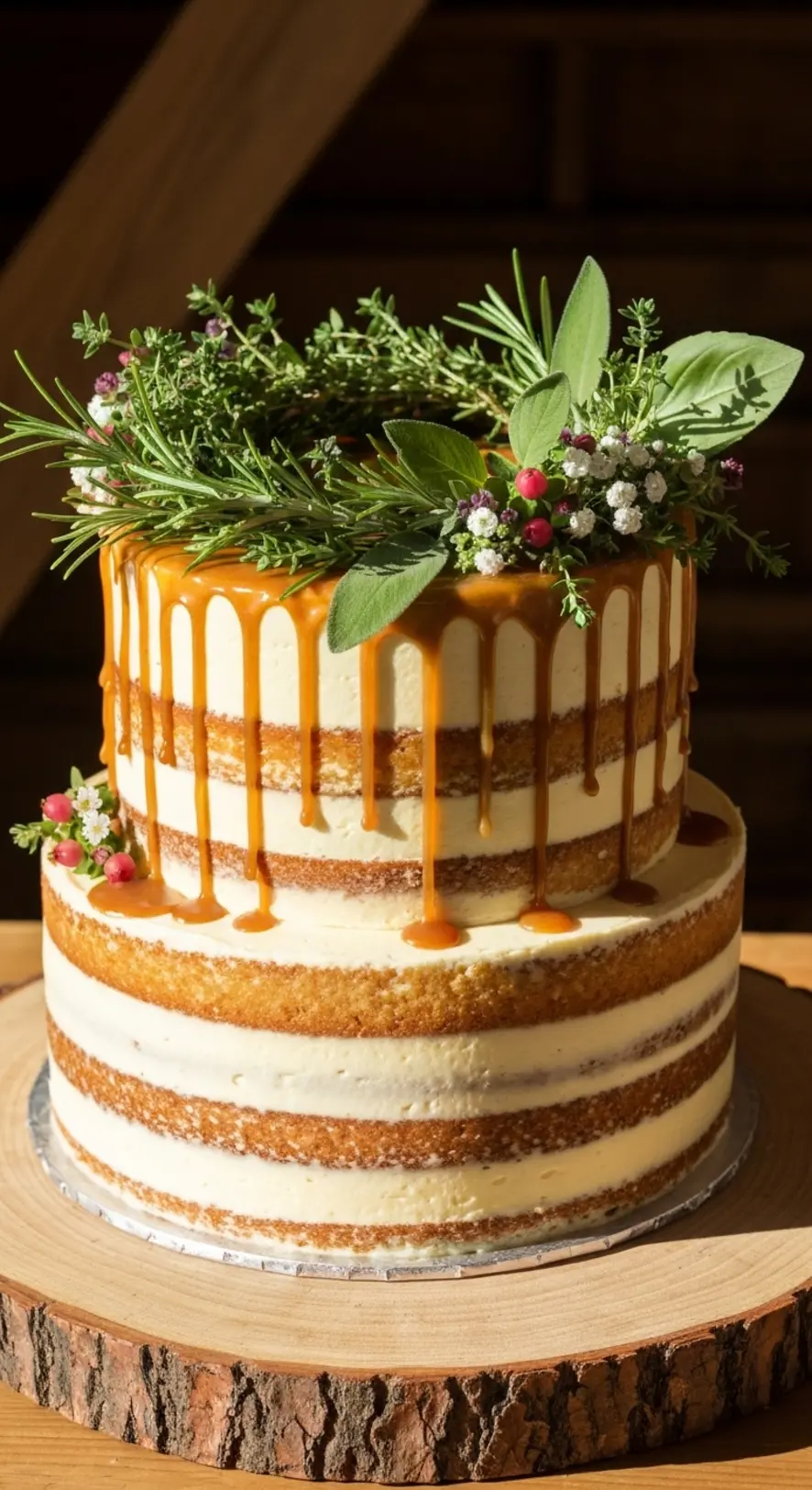 Fresh Herb Crowned Caramel Drip Cake