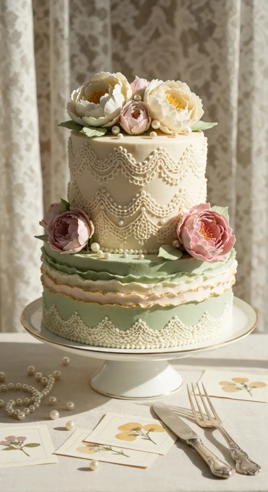 Rustic Lace and Peony Cake